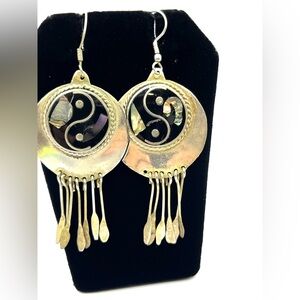 Alpaca Silver and Black Yin Yang Dangle Earrings Shell and Onyx